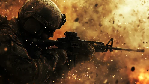 Combat sniper silhouette framed by explosive golden firestorm.