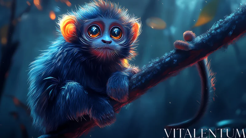 Bioluminescent-eyed primate perched on luminescent forest branch.
