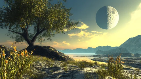 Alien coastal landscape with crescent planet in sky.