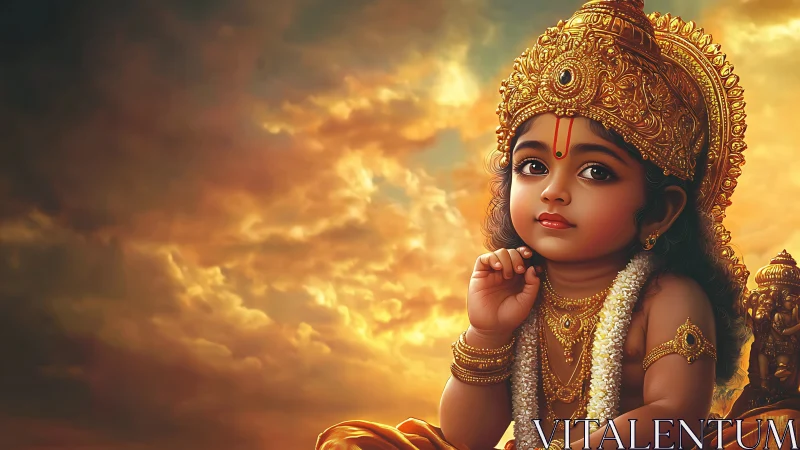 Divine child deity portrait under radiant golden sky.