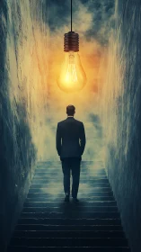 Man on stairway beneath oversized suspended light bulb.