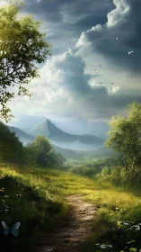 Narrow dirt path extends through sunlit valley toward distant peaks