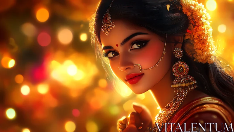 Indian bride portrait glows against golden bokeh lights