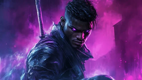 Cybernetic rogue with neon-purple aura in rain-soaked alley