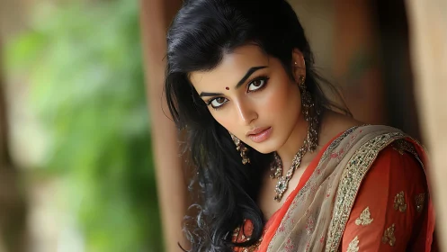 Woman in ornate saree gazes at camera in close portrait