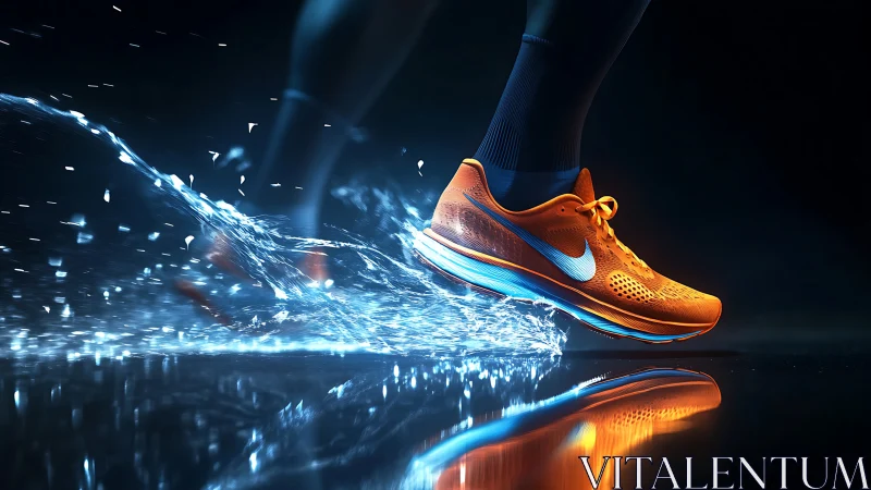 Dynamic orange running shoe slices through kinetic water light