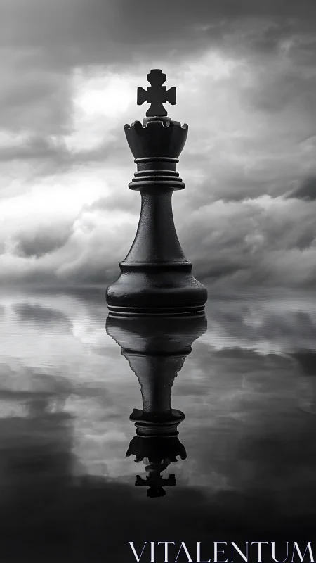 Black chess king towers over reflective water under storm clouds