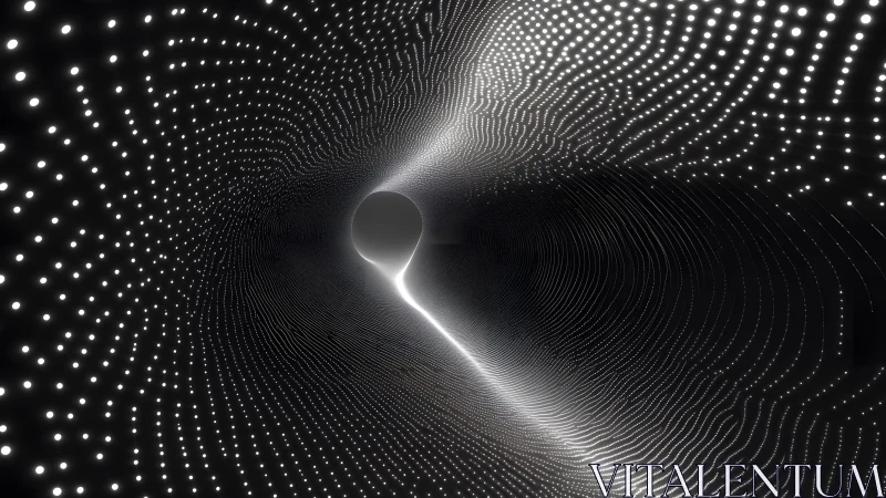 Abstract digital tunnel with glowing dots and light streak, futuristic style.