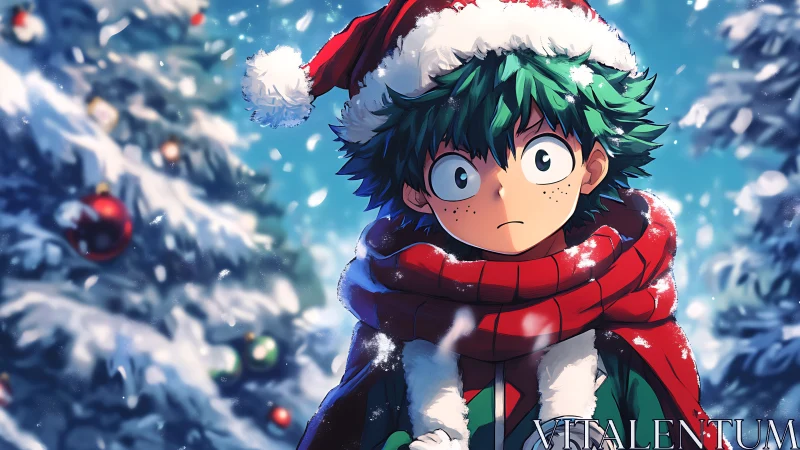 Anime boy in Santa attire stands before snowy bokeh trees