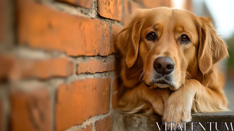 Gentle golden retriever resting quietly by a warm brick wall.