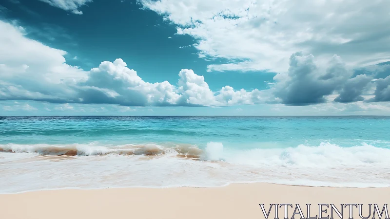 Calm turquoise waves roll onto a sunlit tropical shore