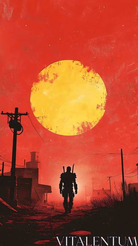 Lone wasteland wanderer strides beneath a bruised neon sun