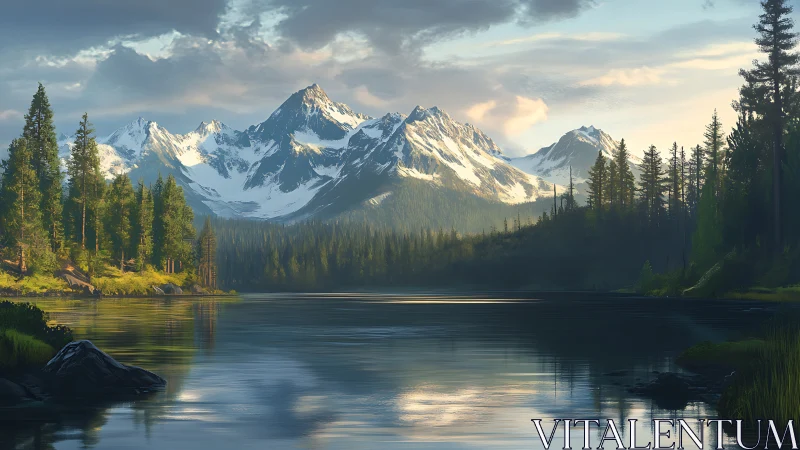 Snowcapped mountain range above calm pine forest lake.