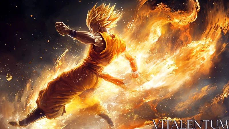 Fiery anime warrior launches explosive flame-charged strike.