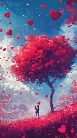 Tree with Red Heart-Shaped Foliage Under Blue Sky