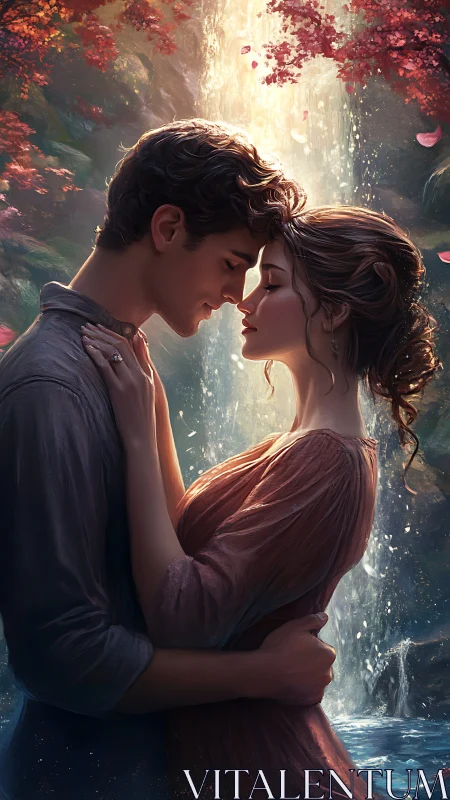 Digital Portrait Rendering Two Figures in Intimate Embrace Within Atmospheric Forest Setting