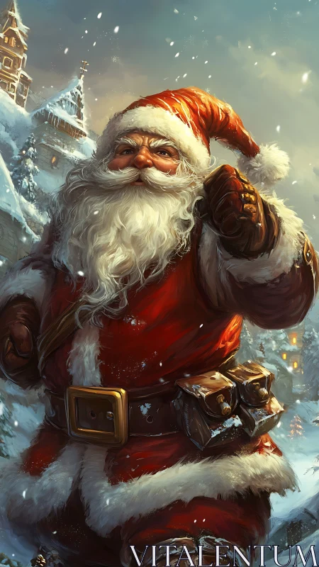 Majestic Santa strides through luminous snowy village night.