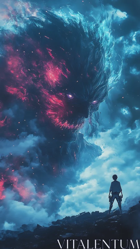 Colossal cloud entity confronting lone human figure.