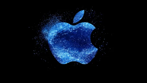 Blue liquid apple logo on solid black digital background.