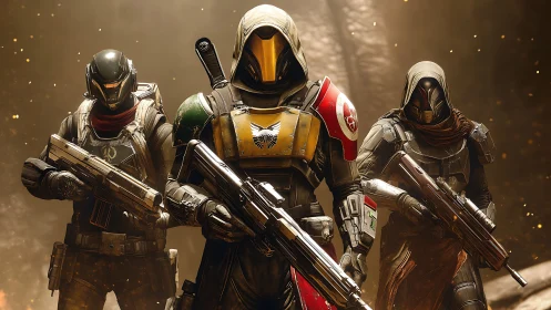 Armored sci fi soldiers with rifles in illuminated corridor.