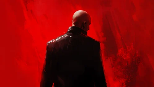 Bald man in dark coat stands against intense red abstract field