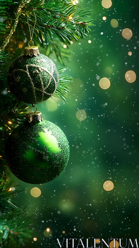 Shimmering green ornaments glow softly on a Christmas tree
