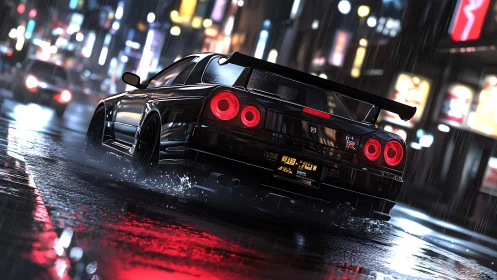 High-gloss GT sports coupe accelerates through wet neon city street