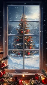 Snowy window view of glowing Christmas tree at dusk.