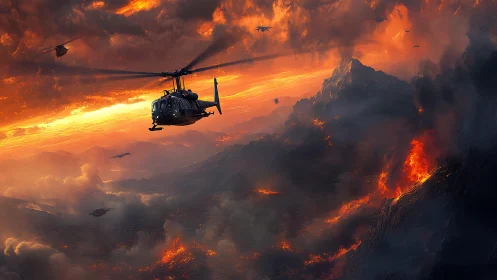 Military helicopters over burning volcanic mountains at dusk