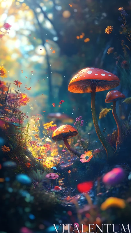 Bioluminescent toadstools illuminate an enchanted forest path