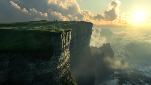 Sunlit sea cliffs rise through drifting mist at golden hour