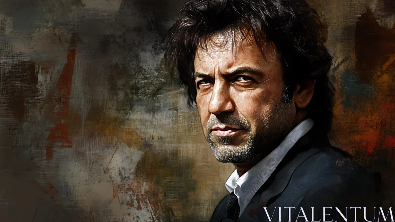 Textured digital portrait of intense man with abstract ground.