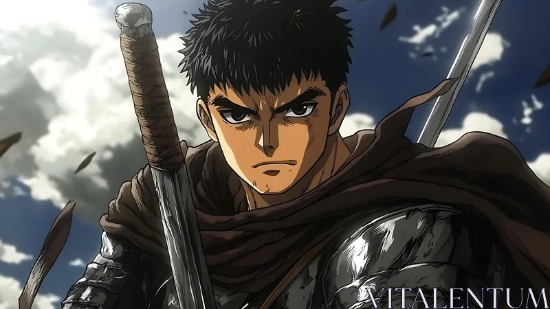 Stormy sky frames a determined anime warrior with sword drawn