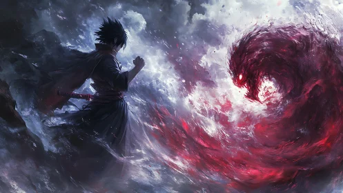 Swordsman confronts vortex demon amid turbulent chromatic storm