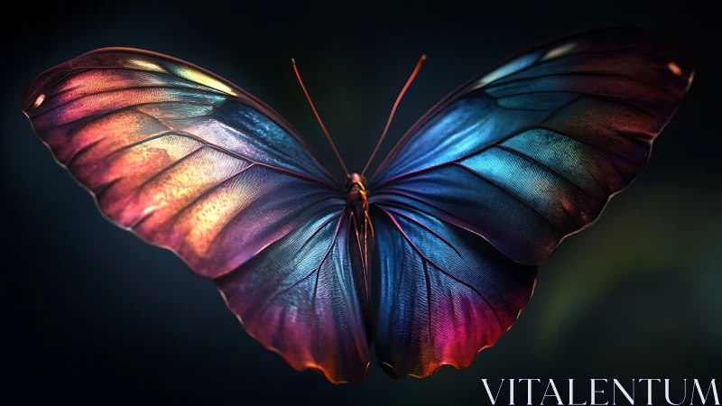 Iridescent midnight butterfly unfolds its neon-tinted wings