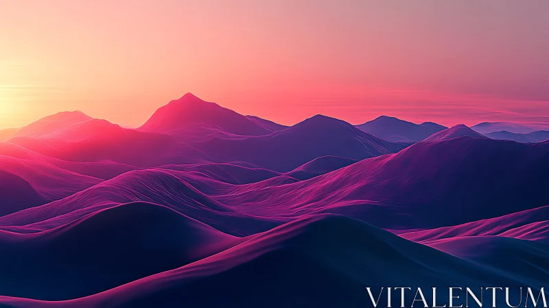 Neon-lit mountain ridges glow under vivid digital sunset sky