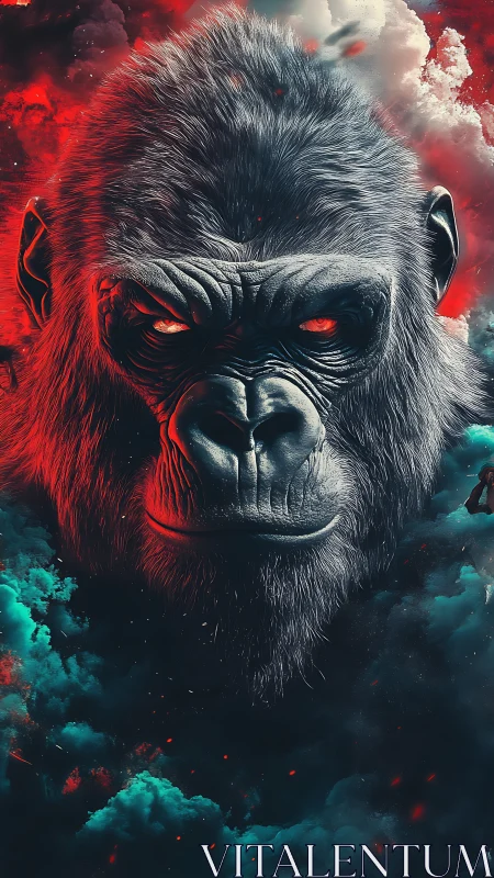 Cosmic gorilla guardian with glowing eyes in stormy clouds.