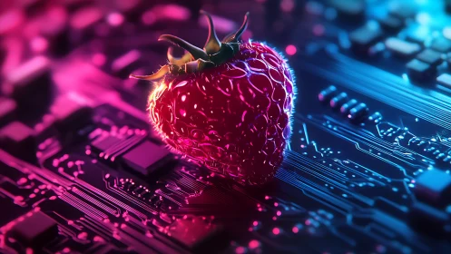 Glowing cyberpunk strawberry fuses organic life with circuitry