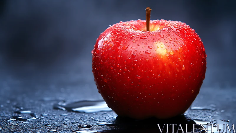 Photorealistic macro study of dewy red apple on dark ground.
