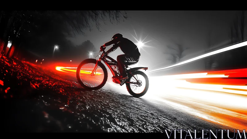 Nocturnal Cyclist Silhouette with Dynamic Light Streak Motion Photography.