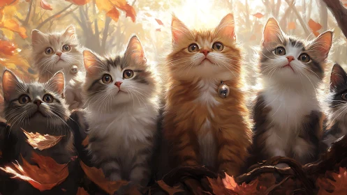 Five Fluffy Kittens in Autumn Forest Setting