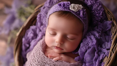 Newborn infant wrapped in purple textiles within woven basket.