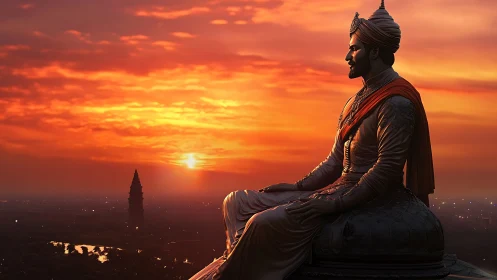 Regal warrior statue watching city at blazing sunset.