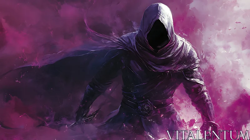 Hooded shadow assassin strides through swirling violet mist