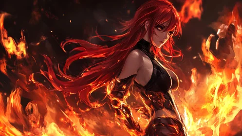 Red haired female figure surrounded by dynamic flames.