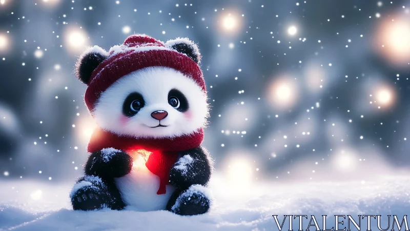 Baby panda in red winter clothes holding soft lantern light.