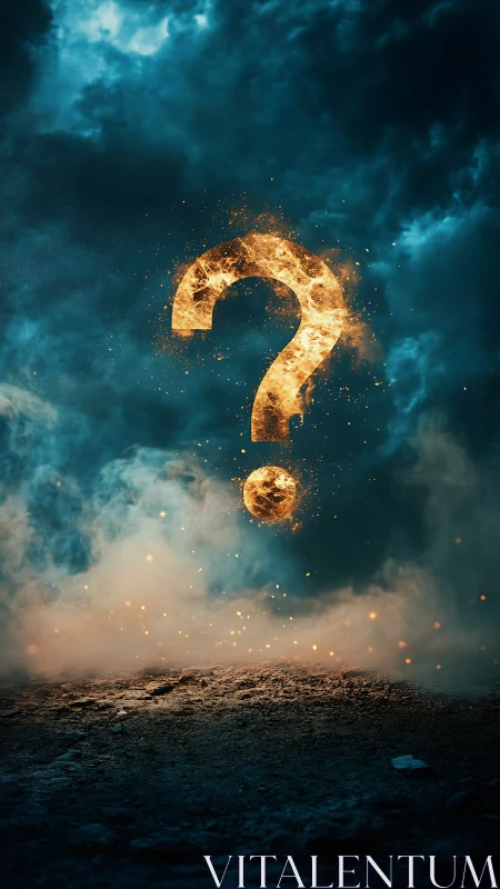Fiery question mark ignites stormy cinematic sky.