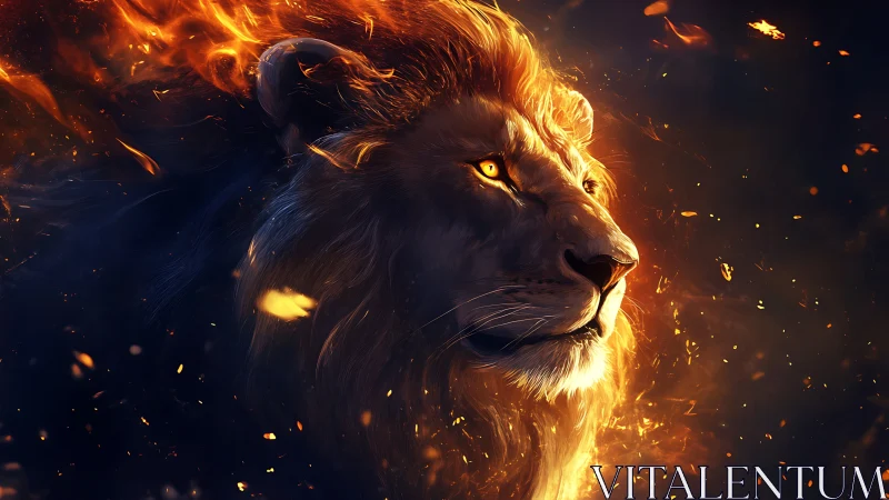 Fiery lion portrait framed by glowing embers and night sky.