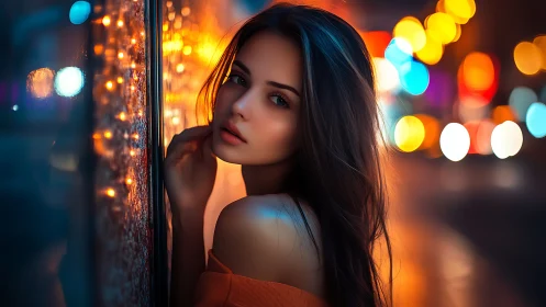 Woman leans by city window under neon bokeh night lights