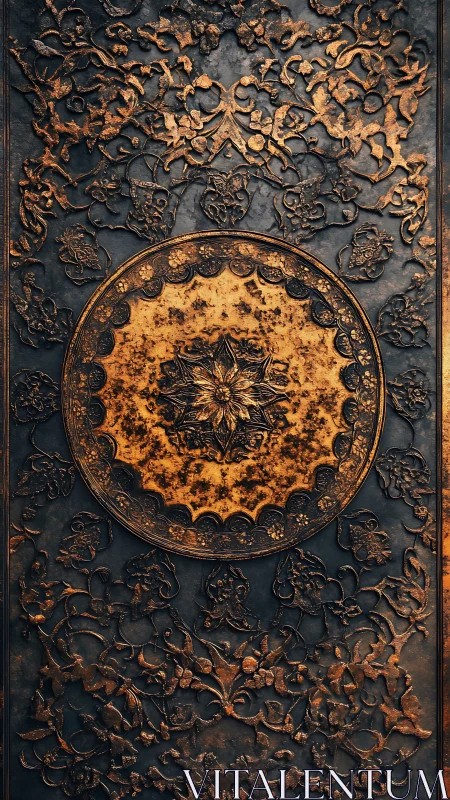 Ornate oxidized brass medallion with floral arabesque relief